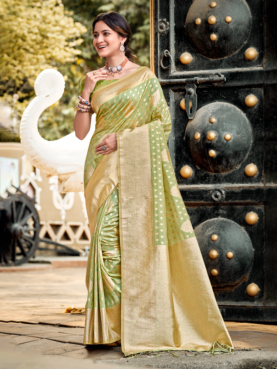 Women's Mint Green Assam Silk Woven Work Traditional Saree