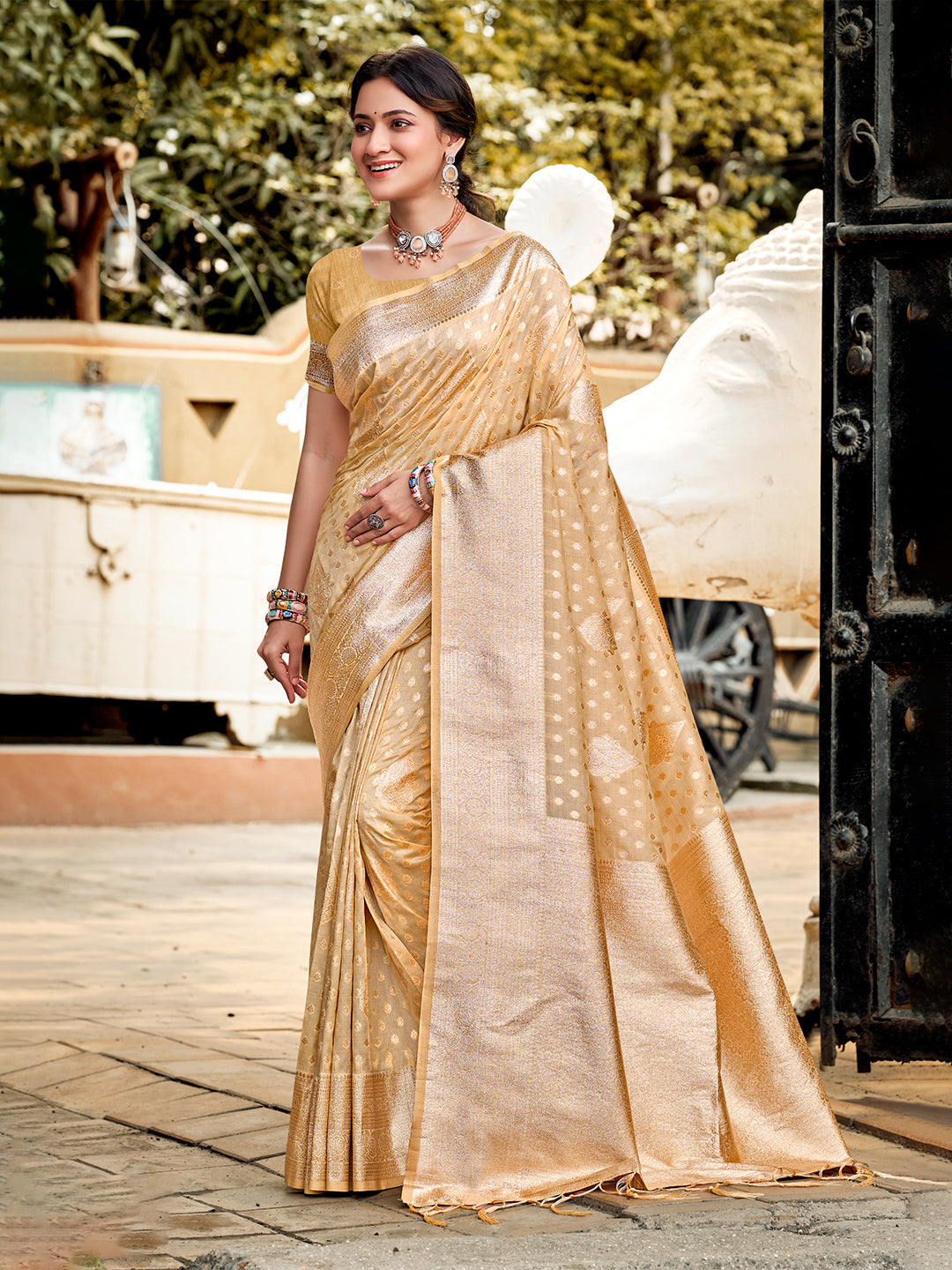 Women's Cream Assam Silk Woven Work Traditional Saree