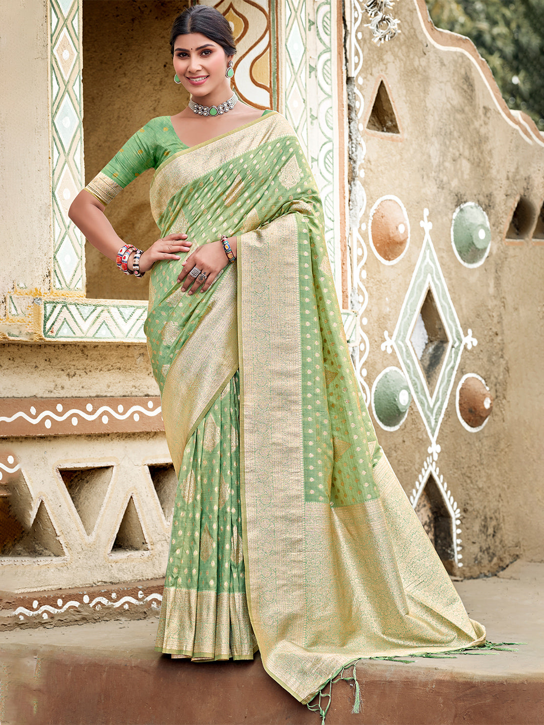 Women's Sea Green Assam Silk Woven Work Traditional Saree