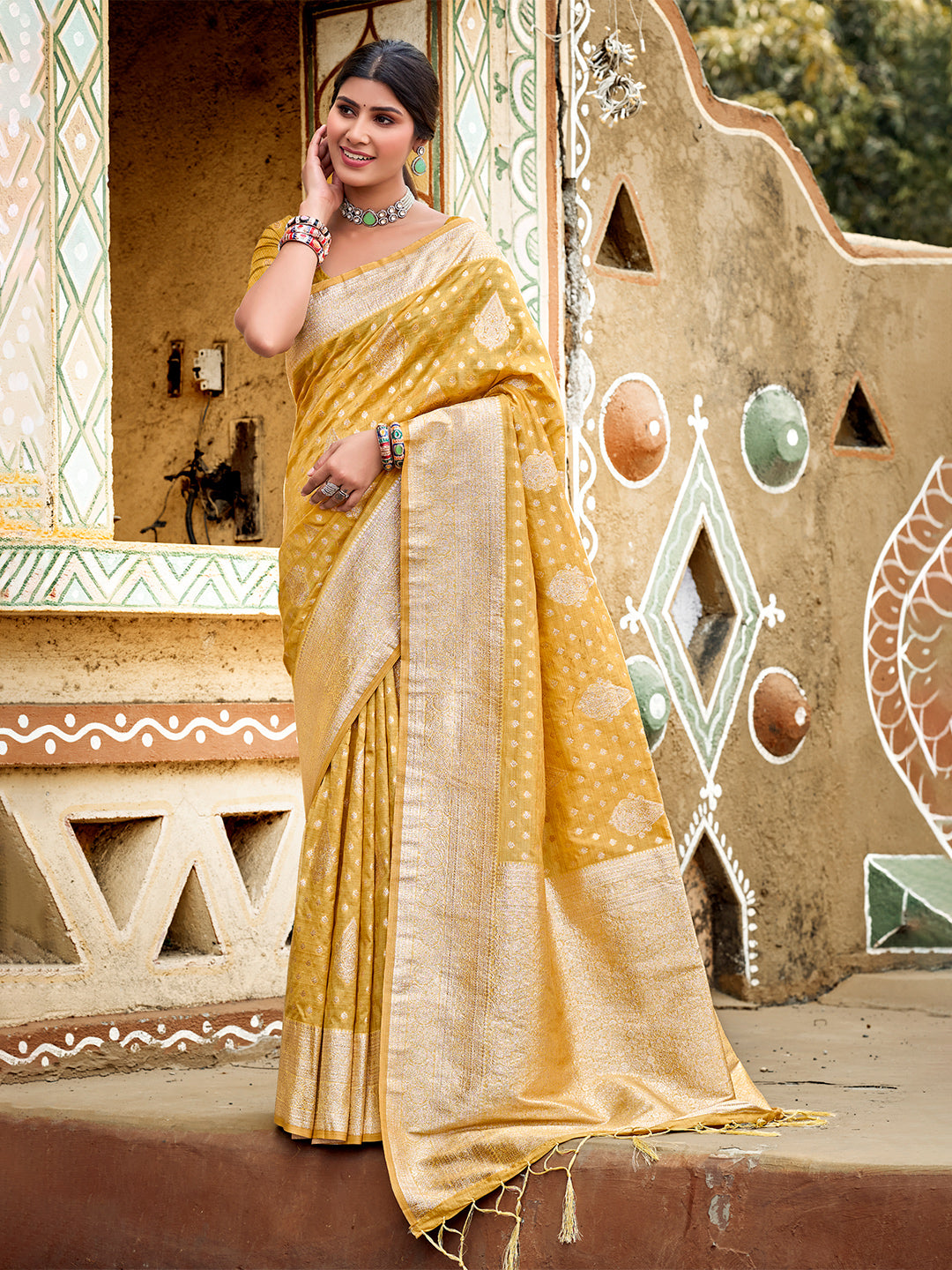 Women's Mustard Assam Silk Woven Work Traditional Saree