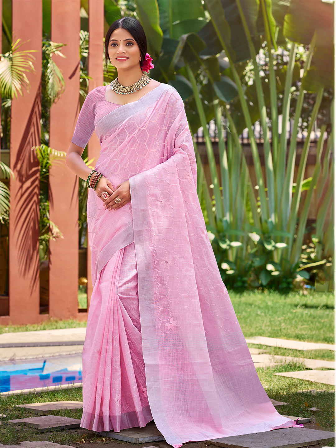 Women's Pink Linen Woven Work Traditional Saree
