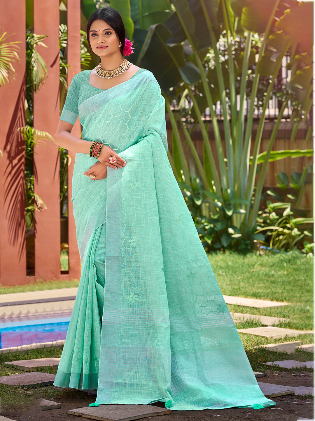 Women's Mint Green Linen Woven Work Traditional Saree