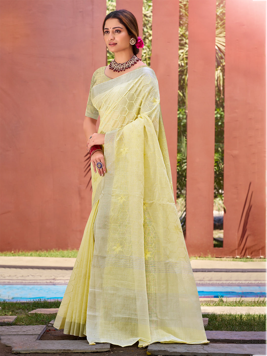 Women's Yellow Linen Woven Work Traditional Saree