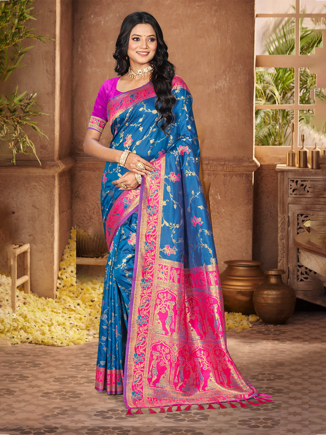 Women's Peacock Blue Silk Woven Work Traditional Saree