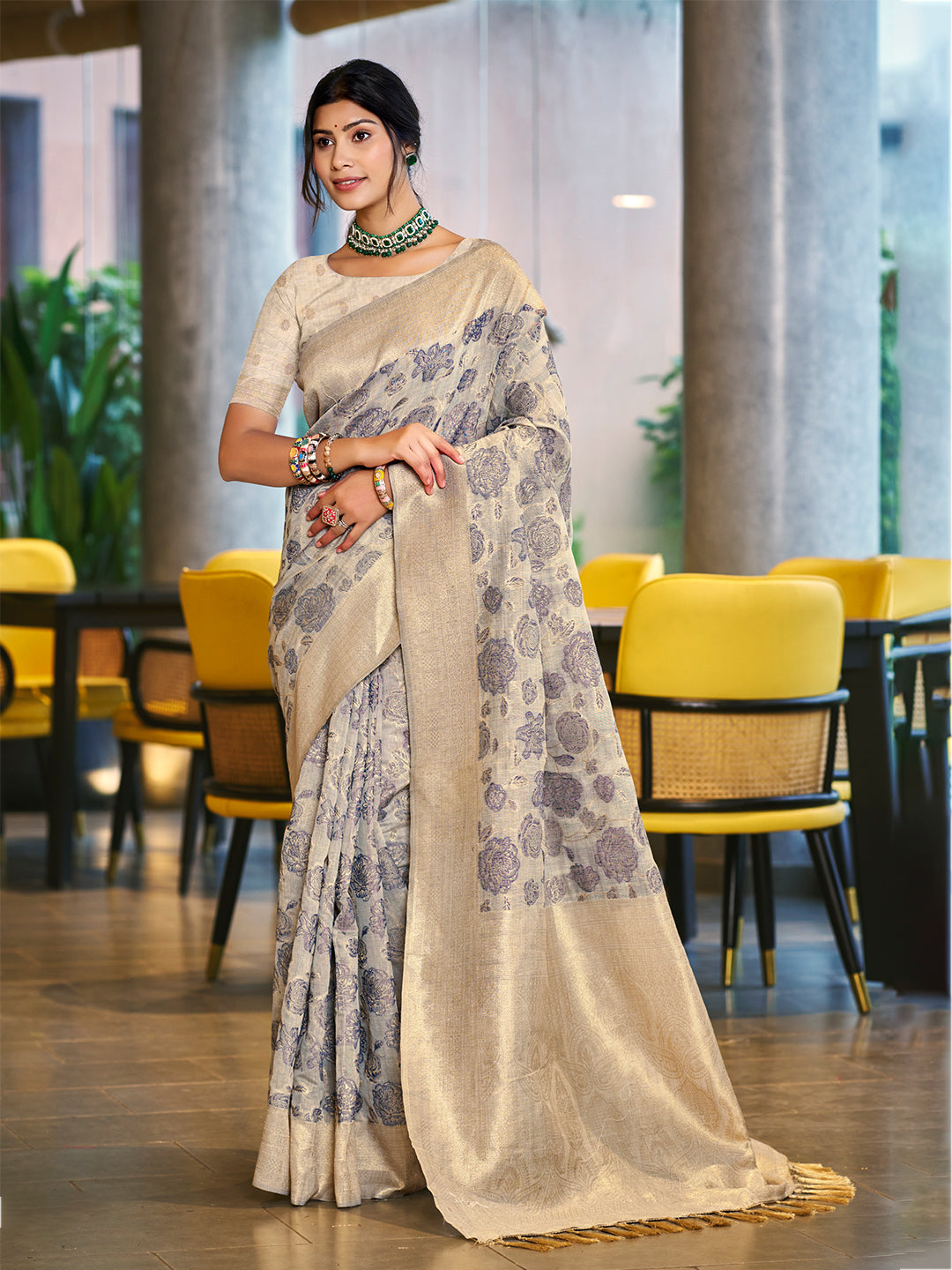 Women's Light Grey Cotton Silk Woven Work Traditional Saree