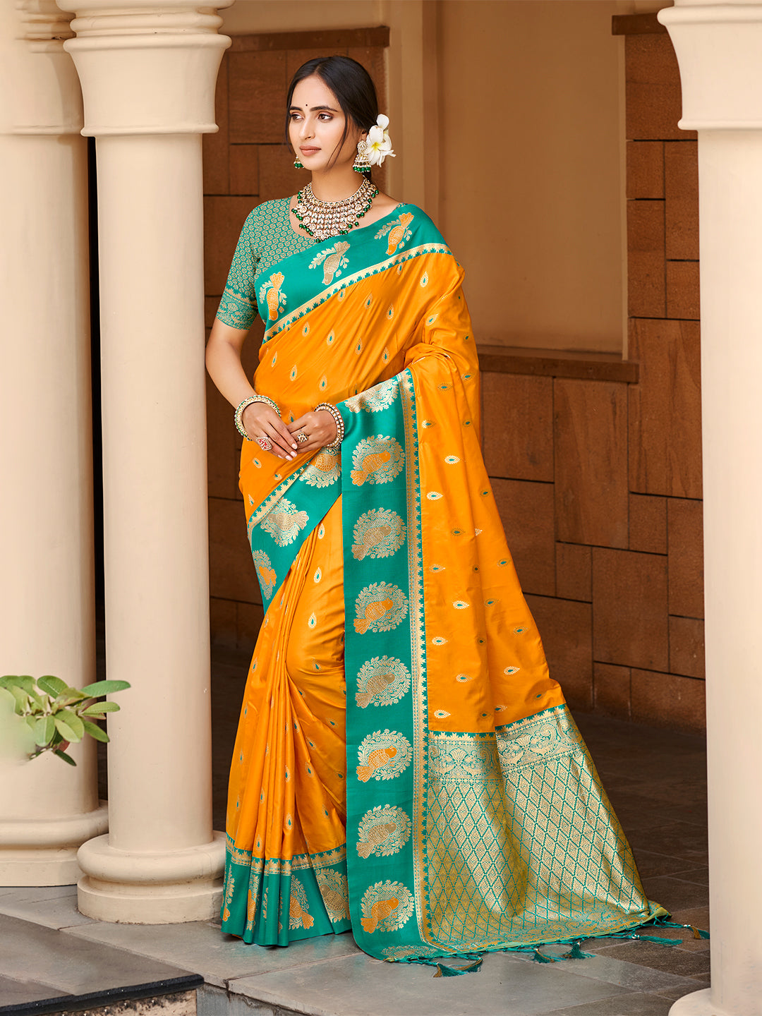 Women's Yellow Silk Woven Work Traditional Saree