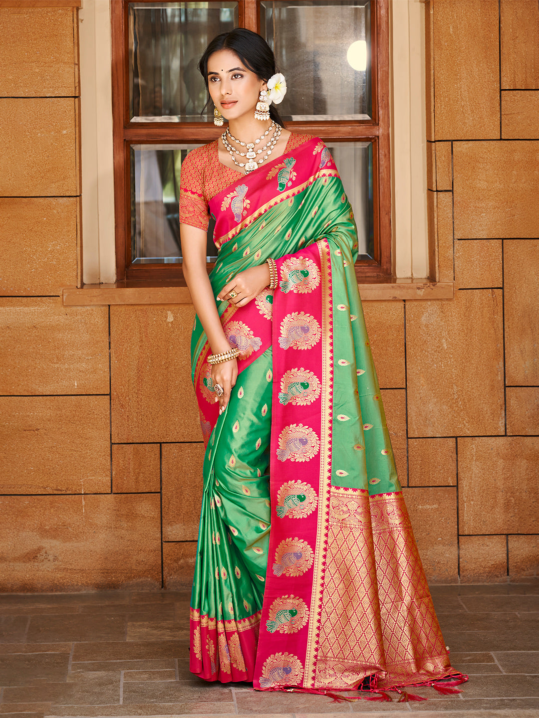 Women's Green Silk Woven Work Traditional Saree
