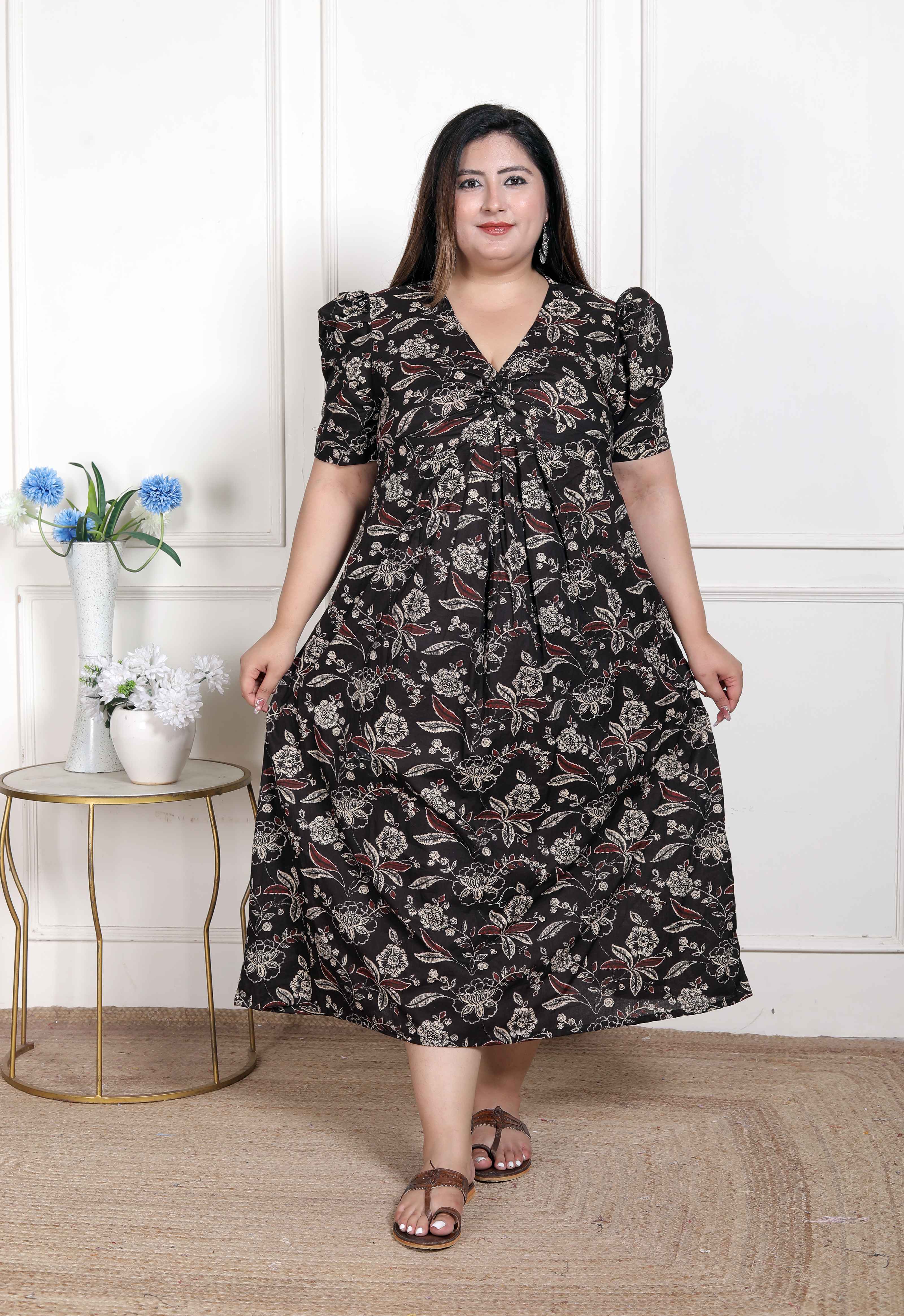 Women's Plus Size Multicolored Pleated Puff Sleeve Floral Pure Cotton Butterfly Maxi Dress Multi Color / XL