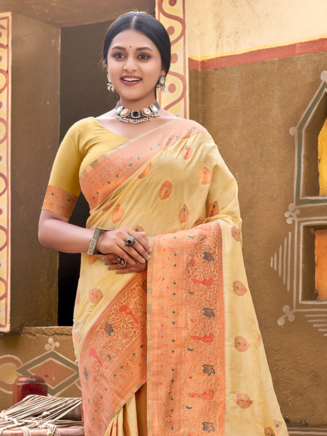 Women's Cream Silk Woven Work Traditional Tassels Saree