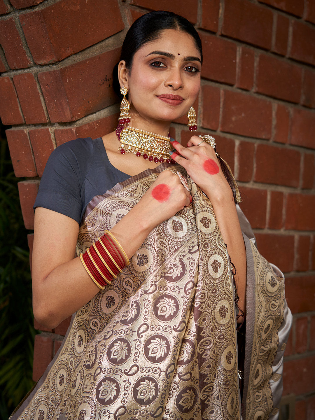 Women's Grey Stain Silk Woven Work Traditional Tassels Saree