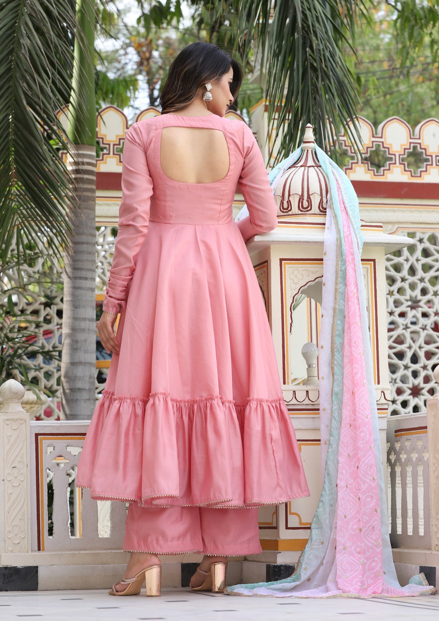 Women's Bandhej Peach Lewisia One Tiered Anarkali Set