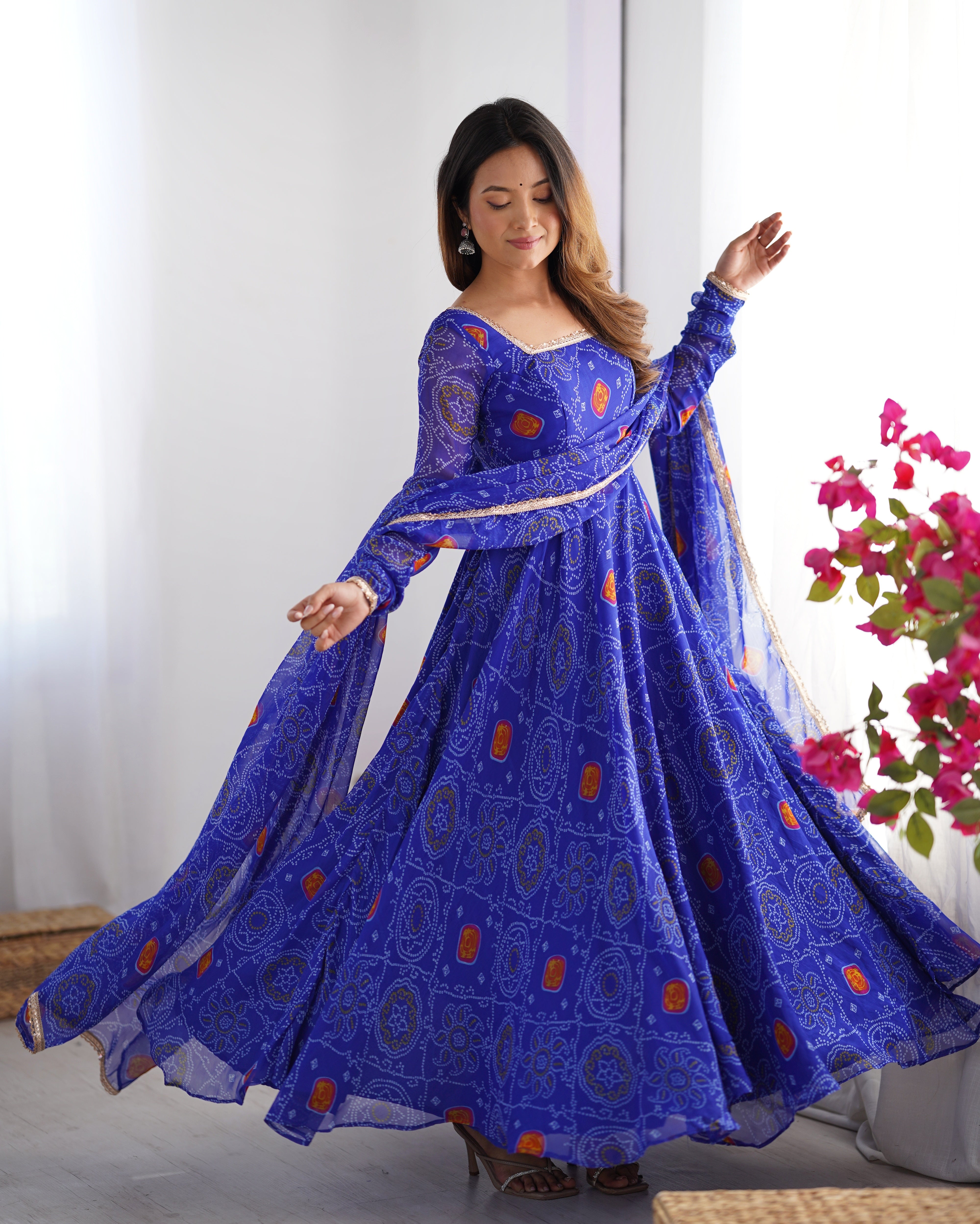 chiffon anarkali dress with dupatta Red Bandhej Print Chiffon Anarkali Gown with Dupatta