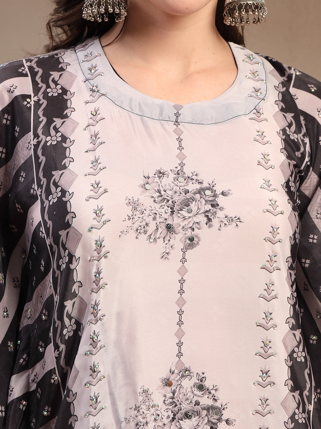 Women's Black Mirror Work Printed Silk Blend Co-Ord Set