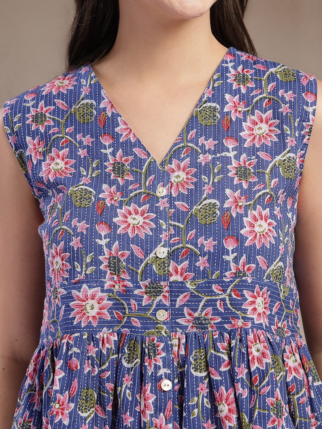 Women's Blue Floral Printed Katha Cotton Co-Ord Set