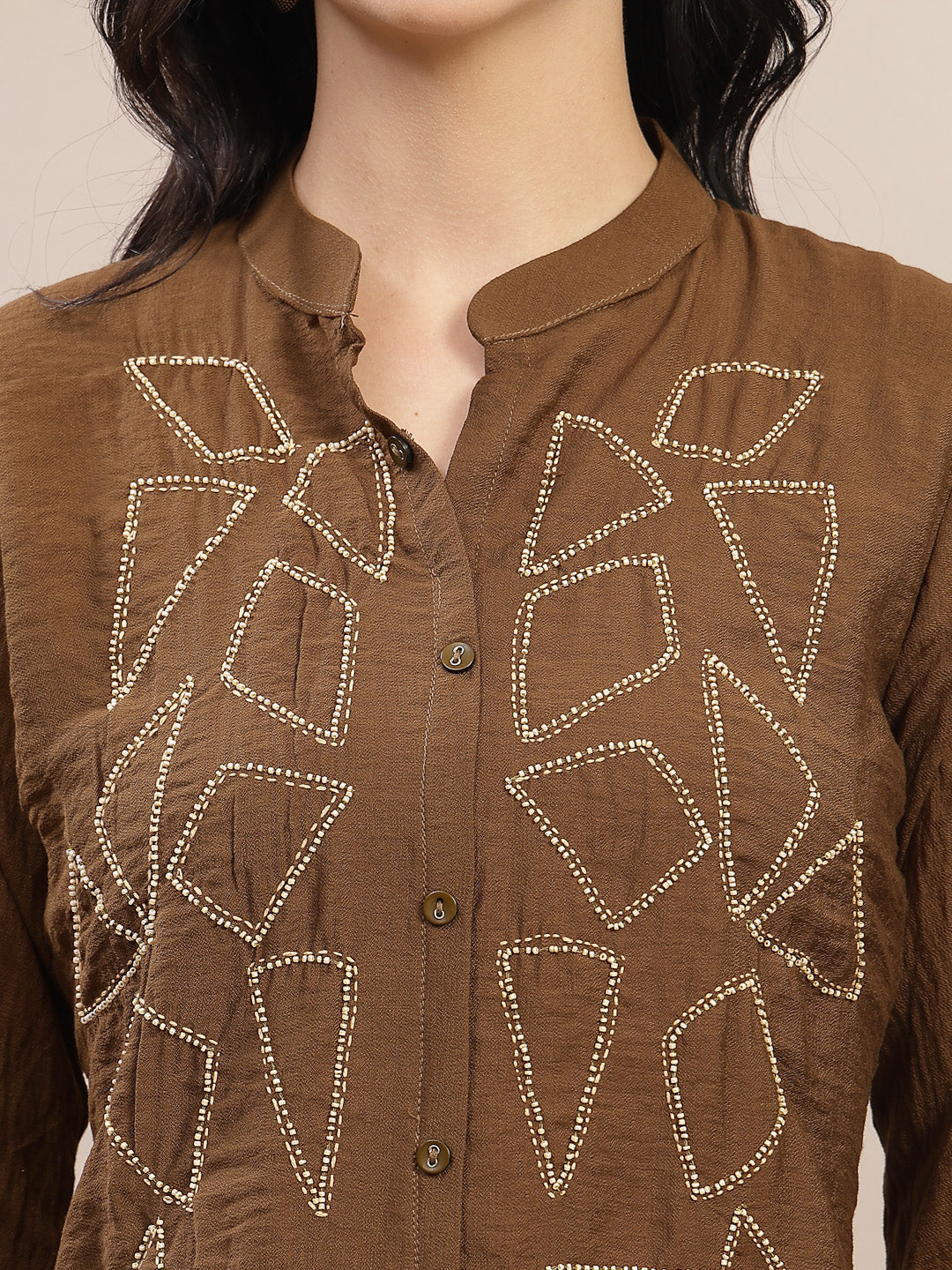 Women's Brown Solid & Embroidered Acrylic Straight Co-Ord Set