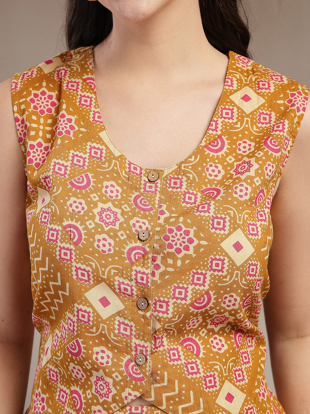 Women's Mustard Ethnic Printed Cotton Co-Ord Set