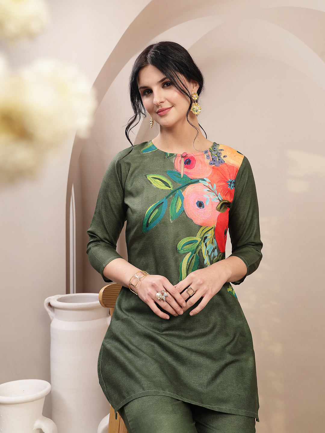 Women's Olive Hand Painted Cotton Flex Straight Co-Ord Set
