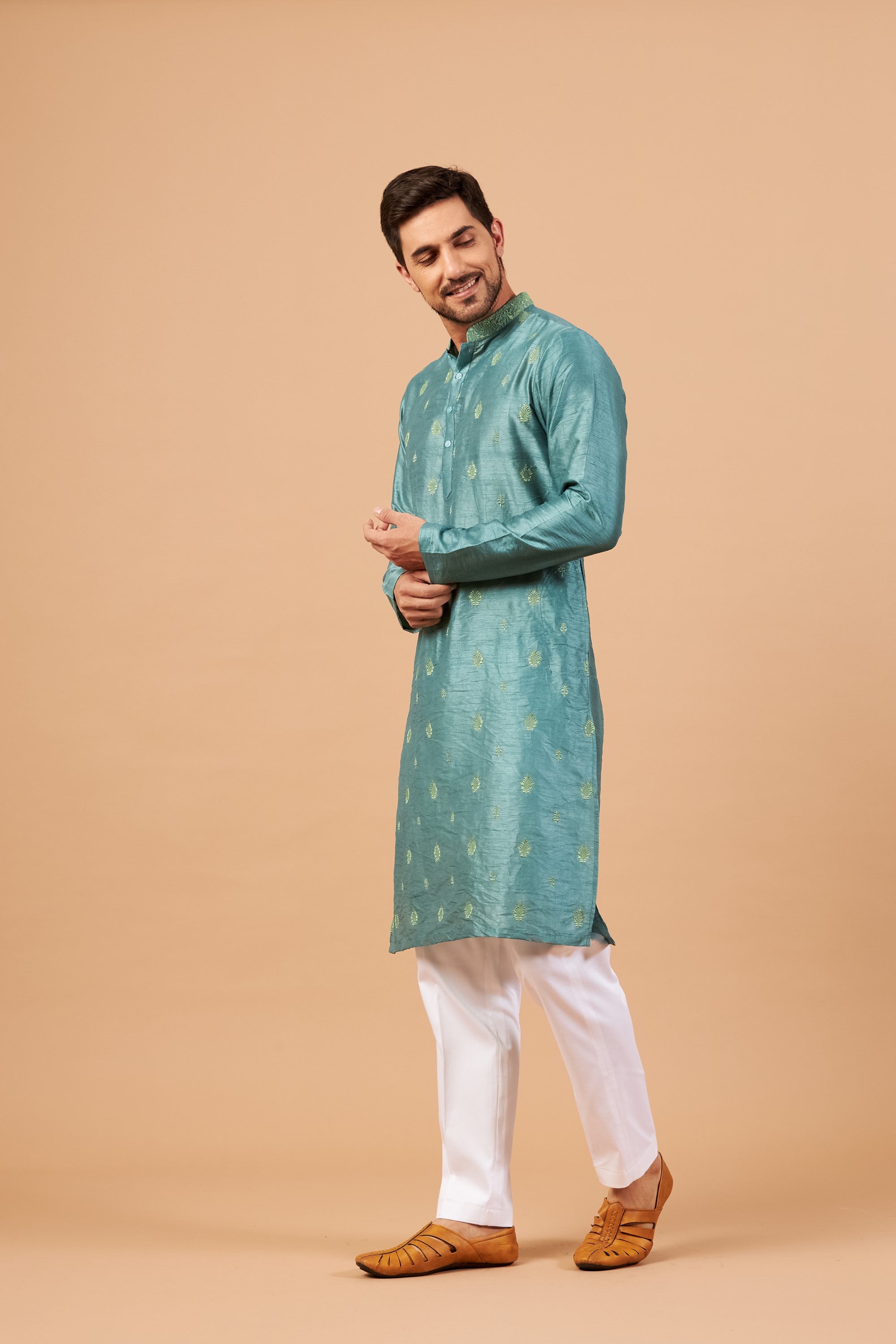 Men's Greafy Two Motif Embroidered Green Kurta With Crop Pants