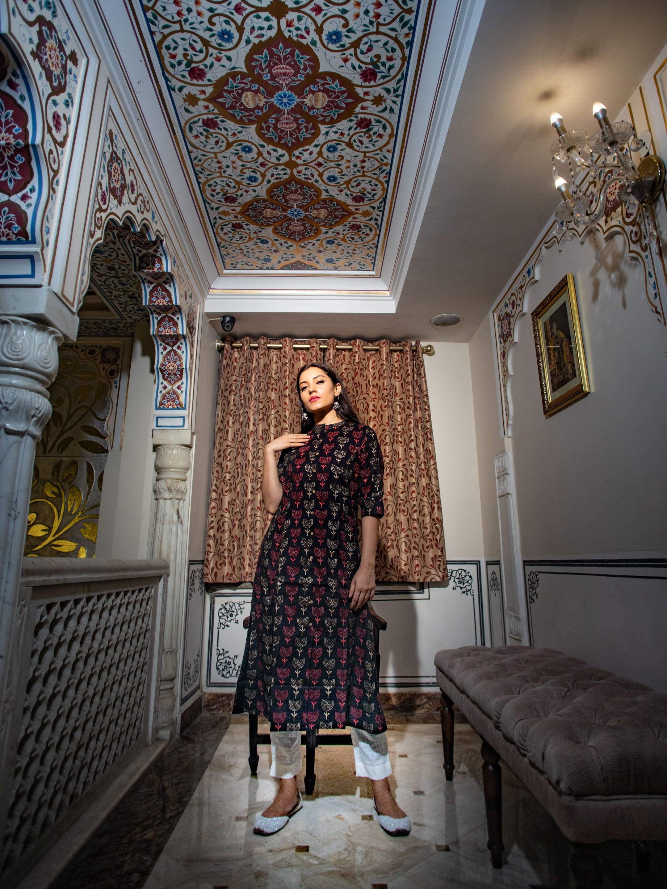 Women's Black Cotton Flex A Line Kurta