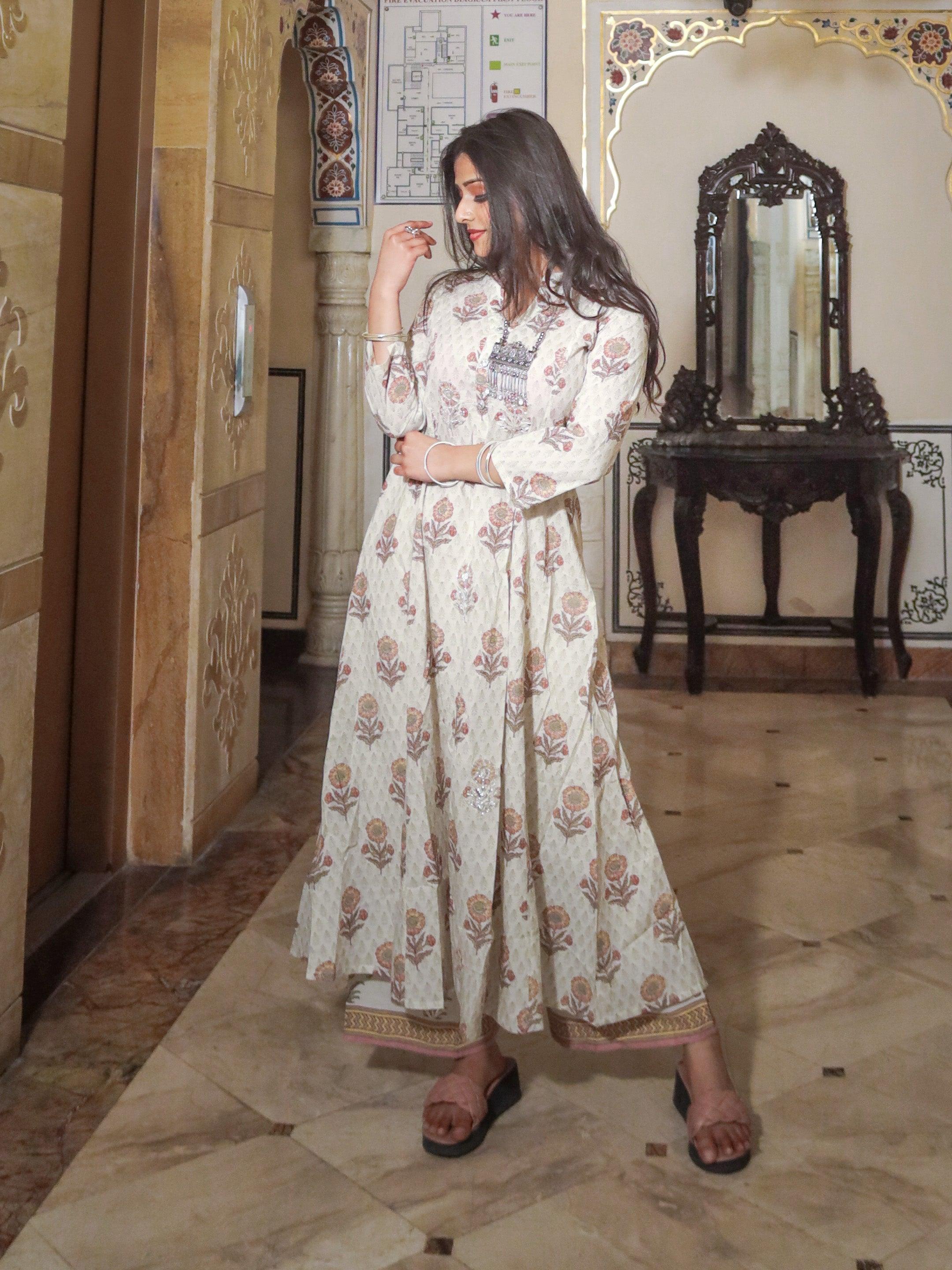 Women's ivory white self print cotton kurti with palazzo set