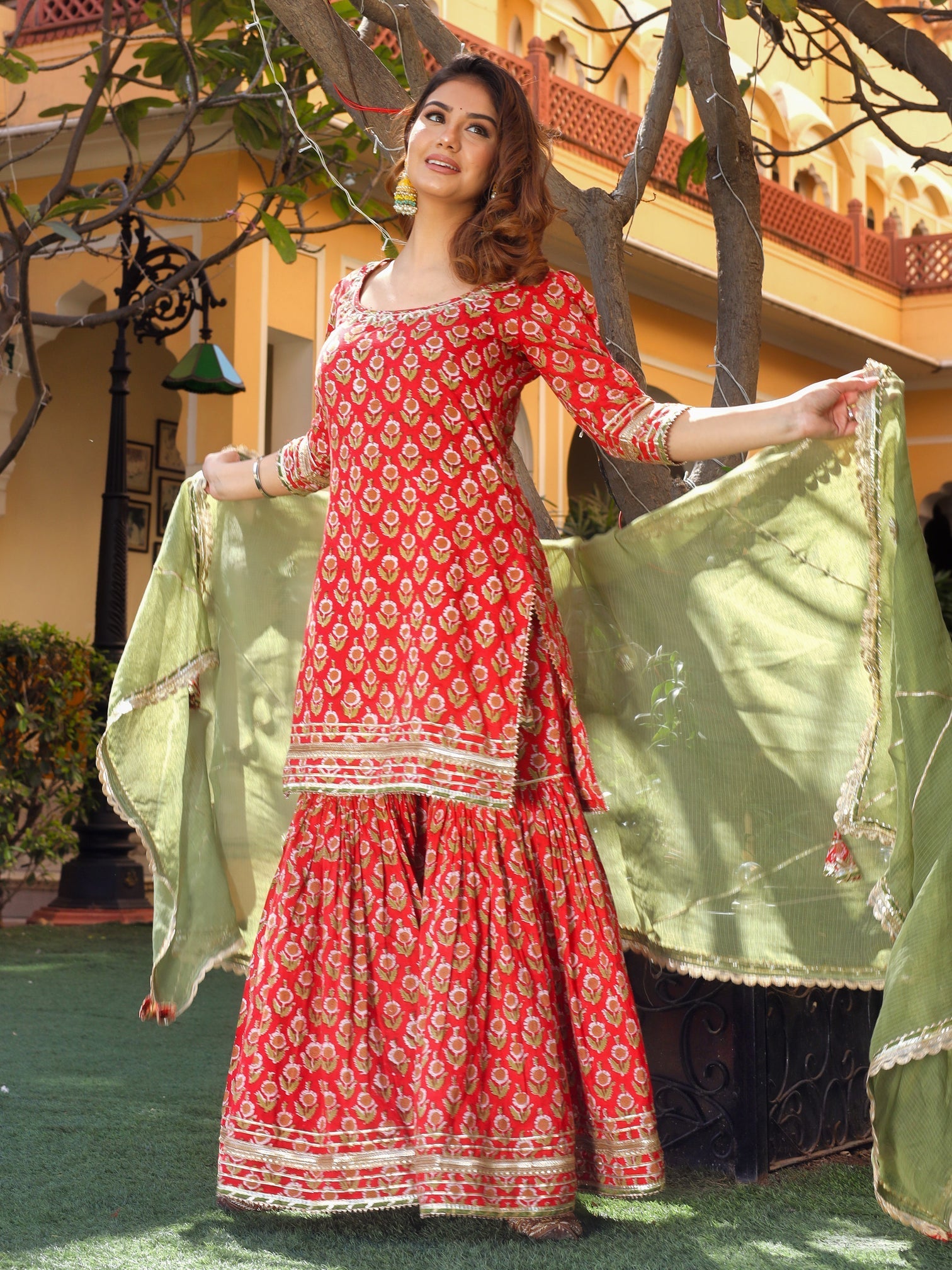 Women's Red Cotton Dabu Printed Kurta Sharara Set with Kota Doria Dupatta