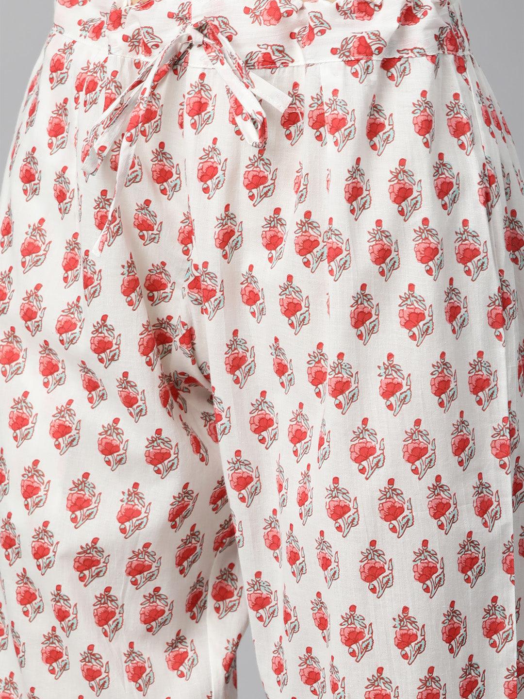 Women's White Floral Printed Kurta Pant Set with Dupatta