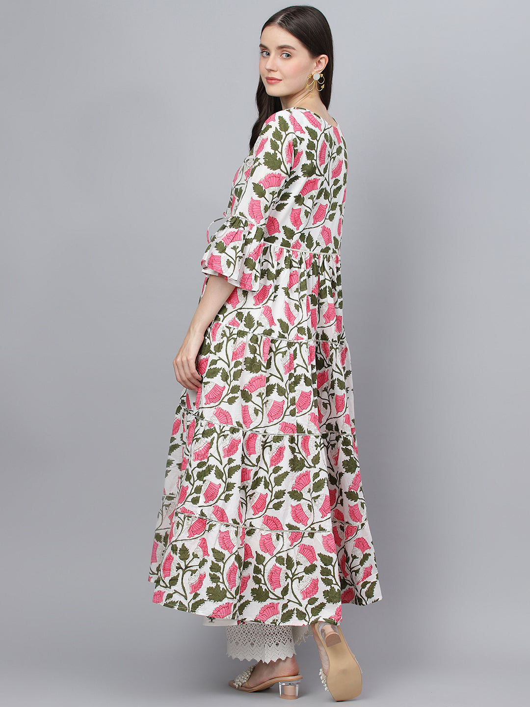 Women's White Floral Cotton Anarkali Kurta with Jacket