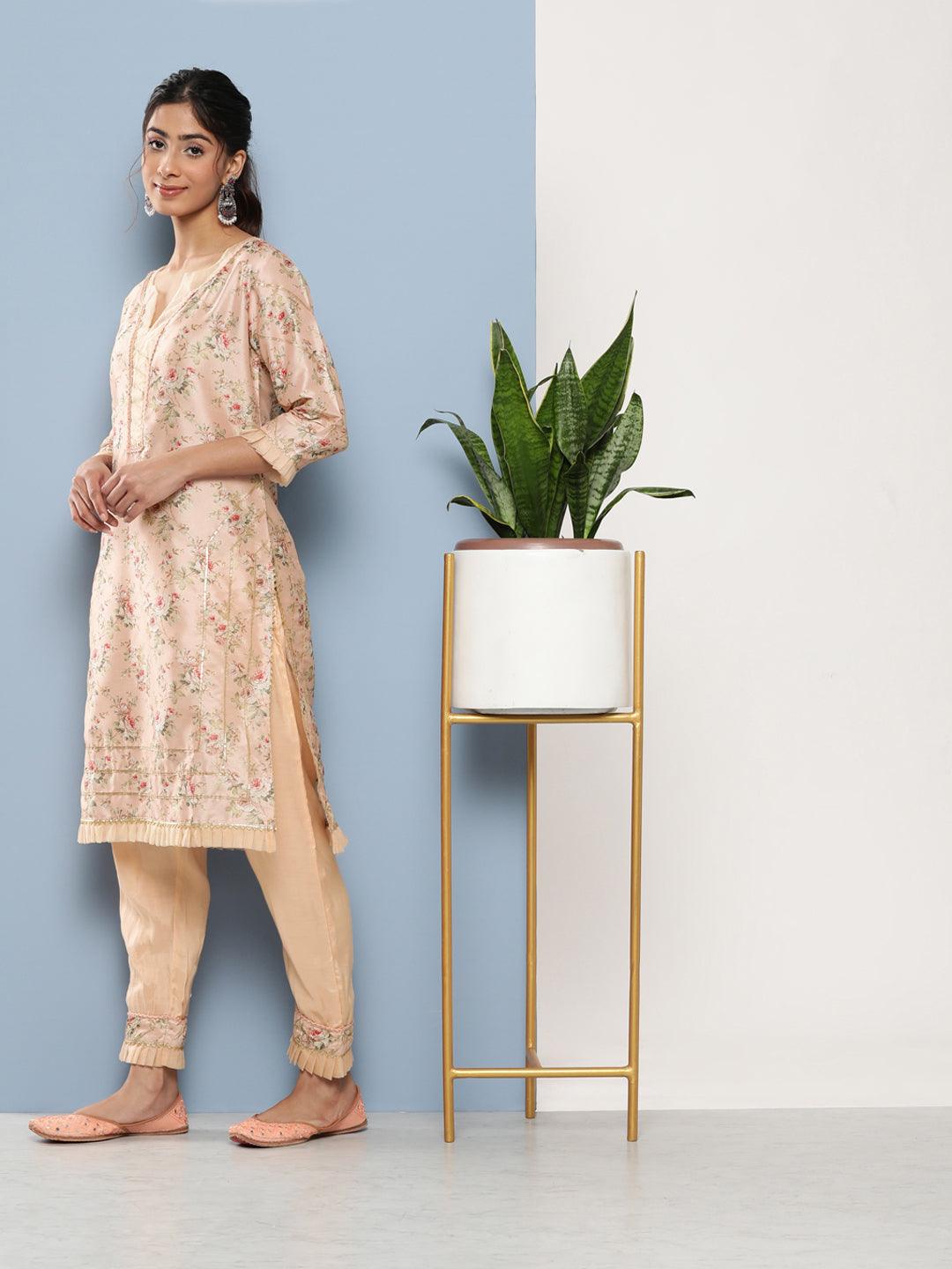 Women's Poly Chanderi floral Printed Kurta Pant Set with Organza Dupatta