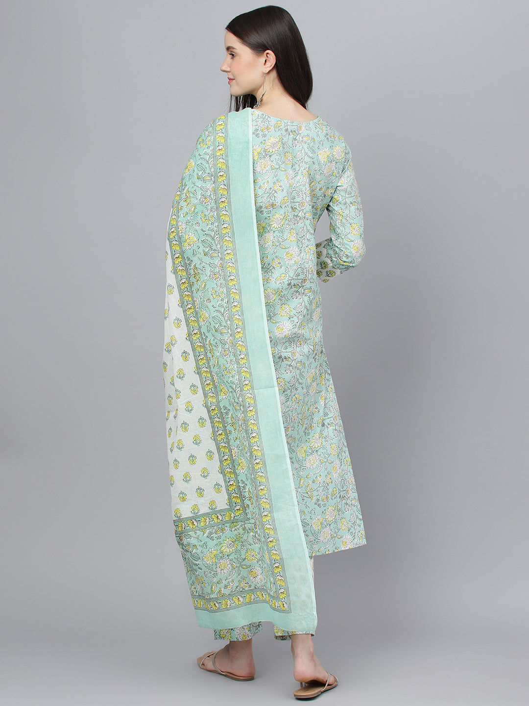 Women's Mint Green Floral Printed Kurta Pant set With Dupatta