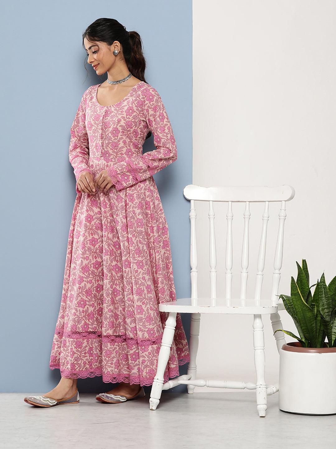 Women's Lilac Floral Printed Anarkali Kurta Pant set with Dupatta