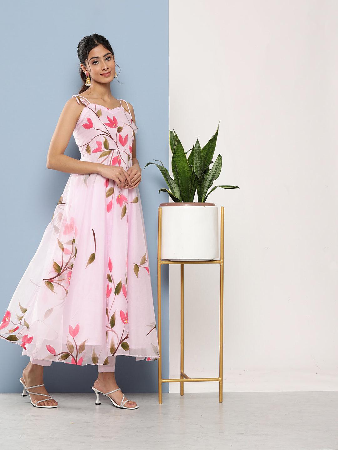 Women's Pink Hand Painted Floral Organza Anarkali Kurta Pant Set with Dupatta