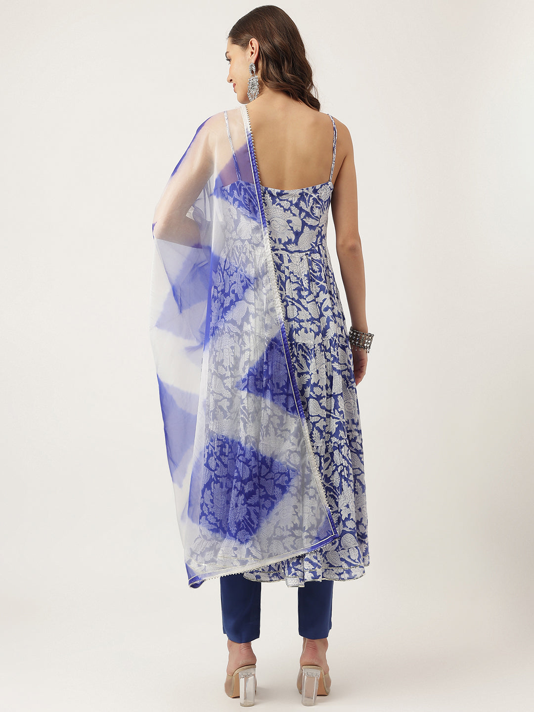 Women's Blue Muslin Floral Printed Kurta, Trouser with Dupatta Set