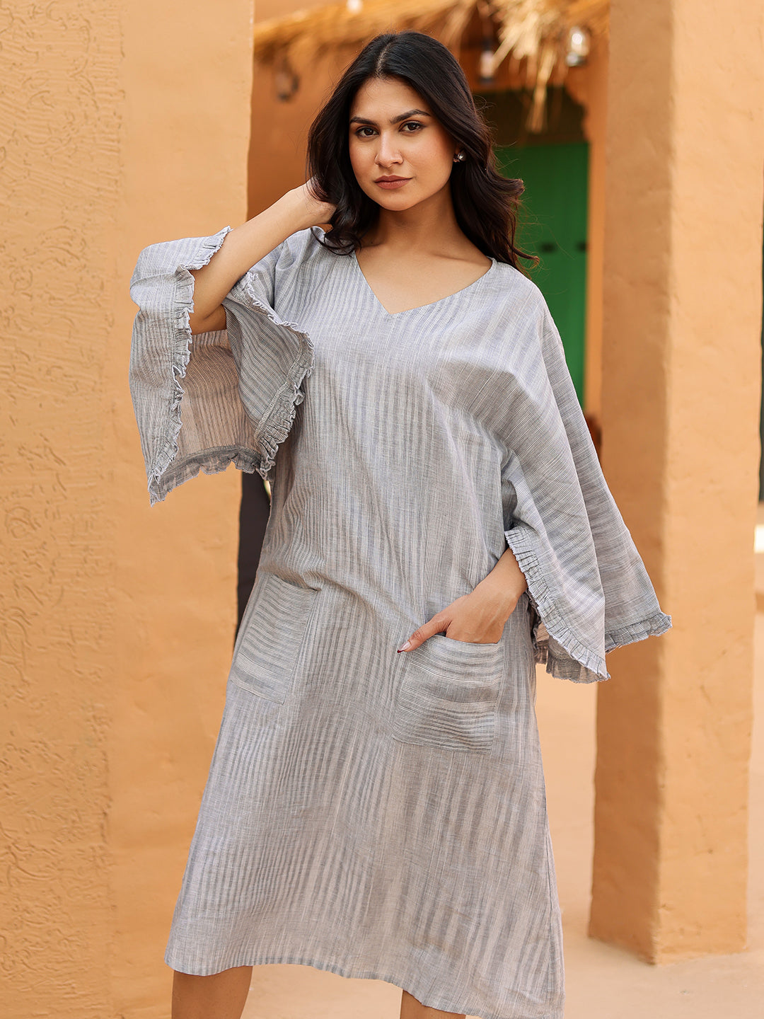grey kaftan dress Women's Grey Cotton V-Neck Kaftan Grey / 2XL