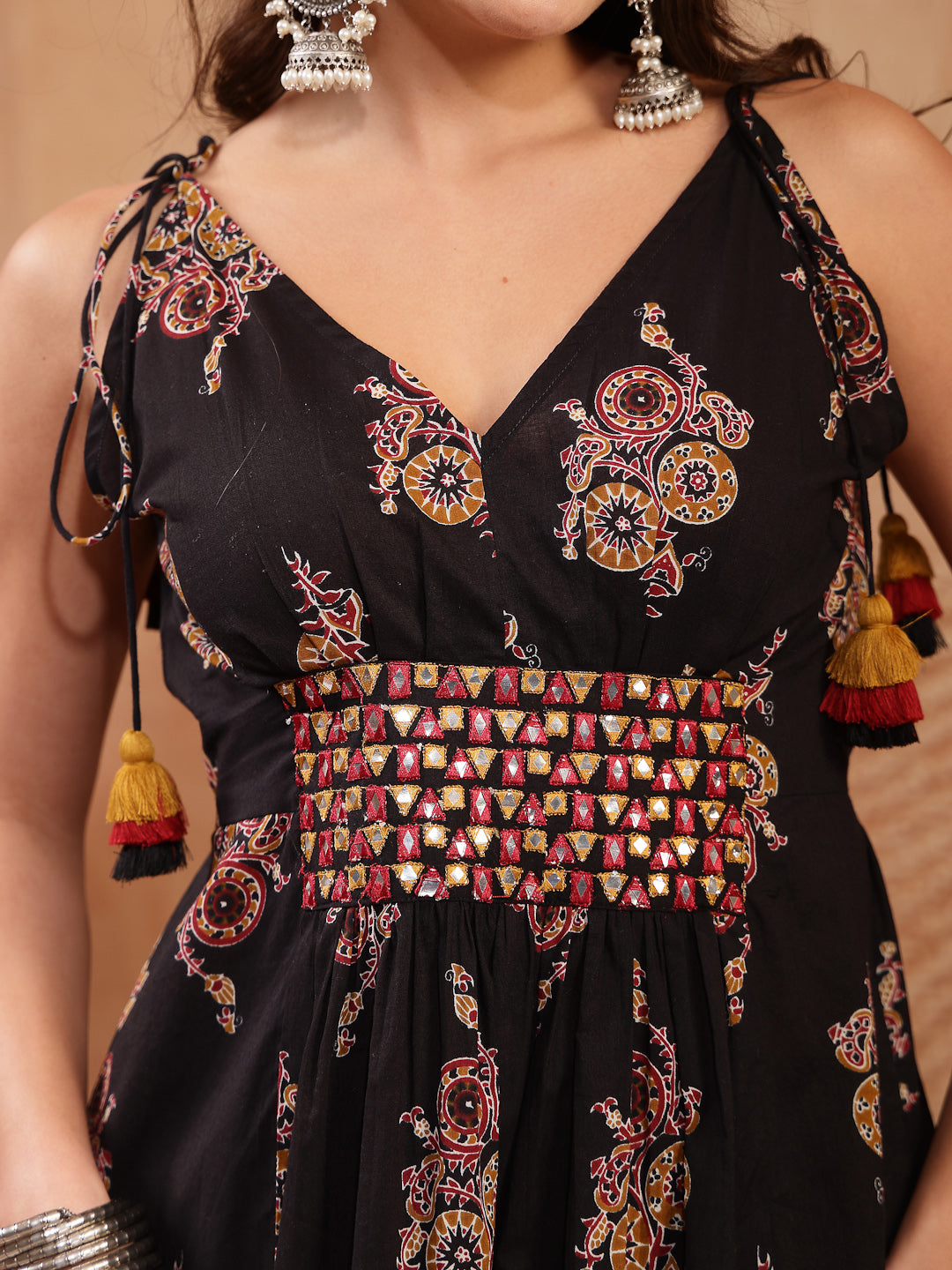 Women's Black Ethnic Printed & Embroidered Cotton A-Line Shoulder Tie-Up Dress