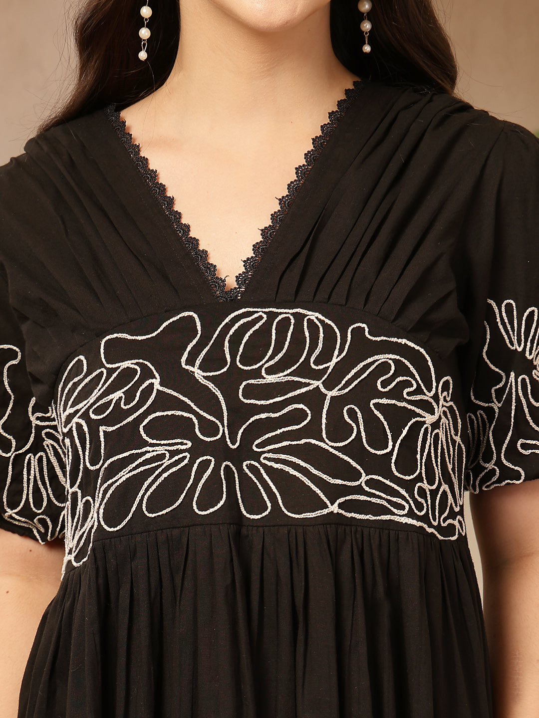 Women's Black Solid Cotton Flared Dress