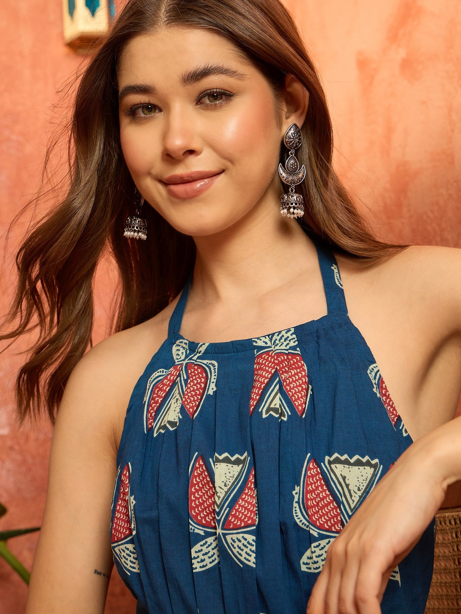 Women's Blue Printed Cotton Tiered Dress