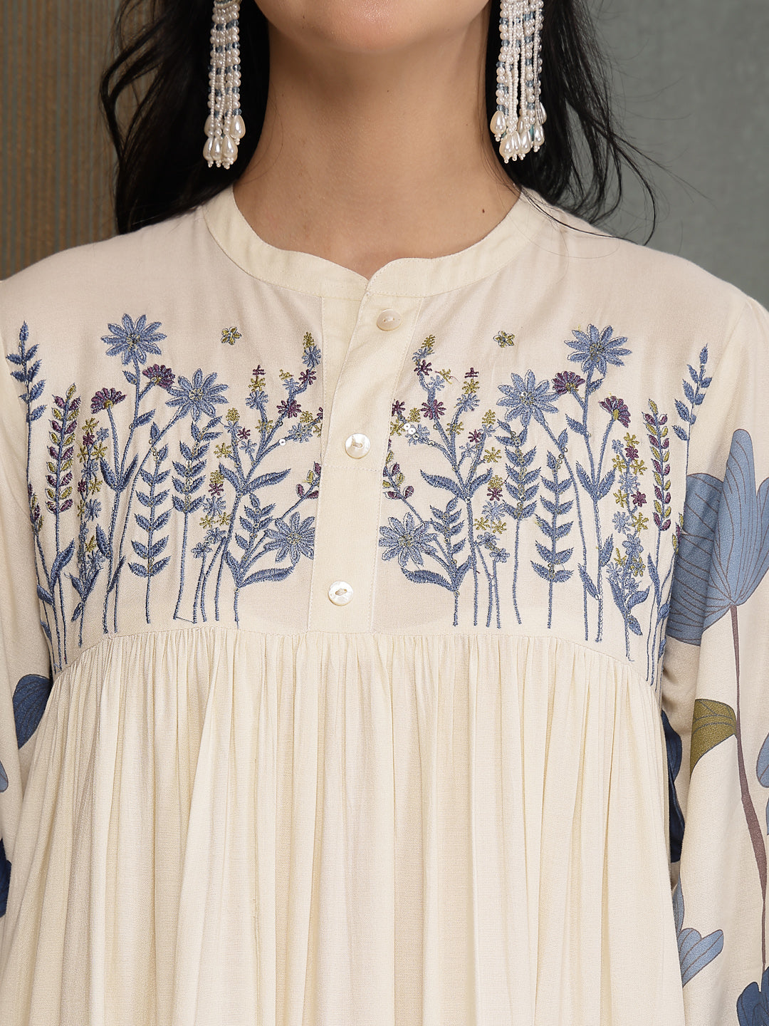 Women's Blue Floral Printed & Embroidered Cotton Tiered Dress
