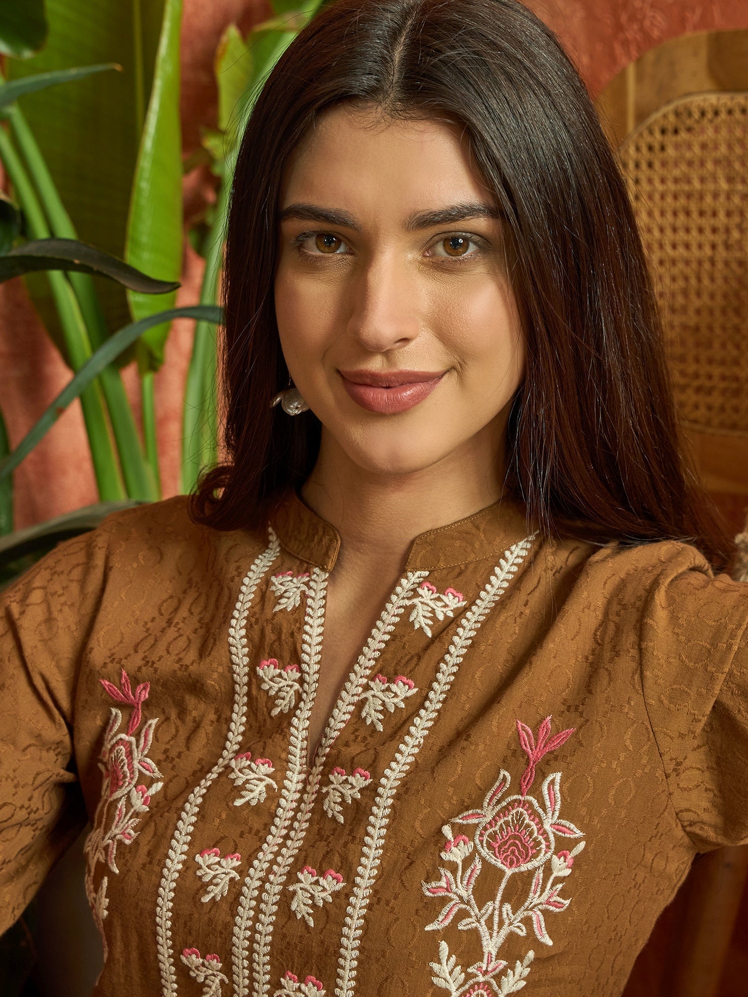 Women's Brown Woven Embroidered Cotton Dobby Tiered Dress