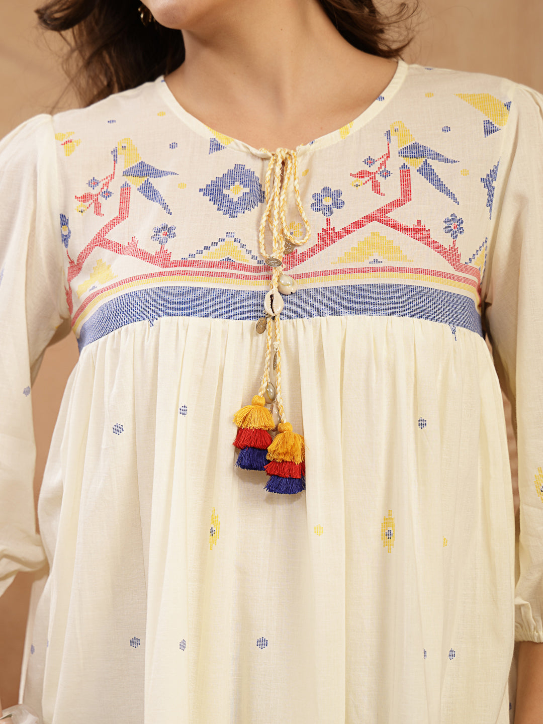 Women's Cream Solid & Embroidered Cotton Tiered Dress