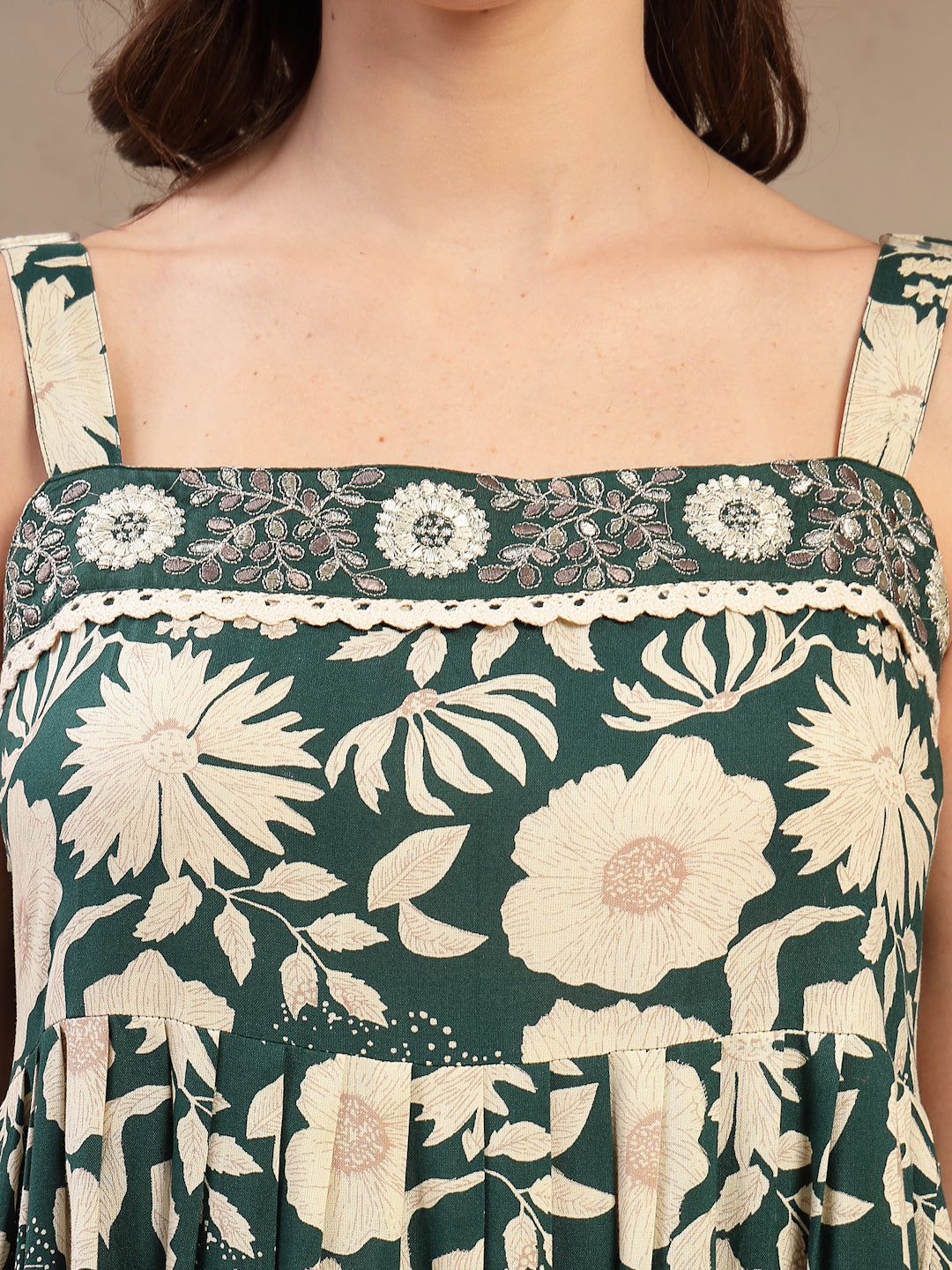 Women's Green Floral Printed Rayon Empire Dress