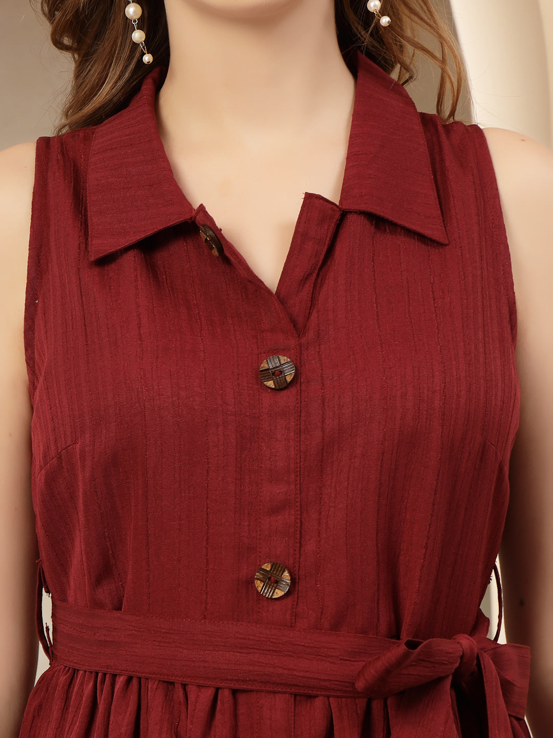 Women's Maroon Self Design Crepe Pleated Dress