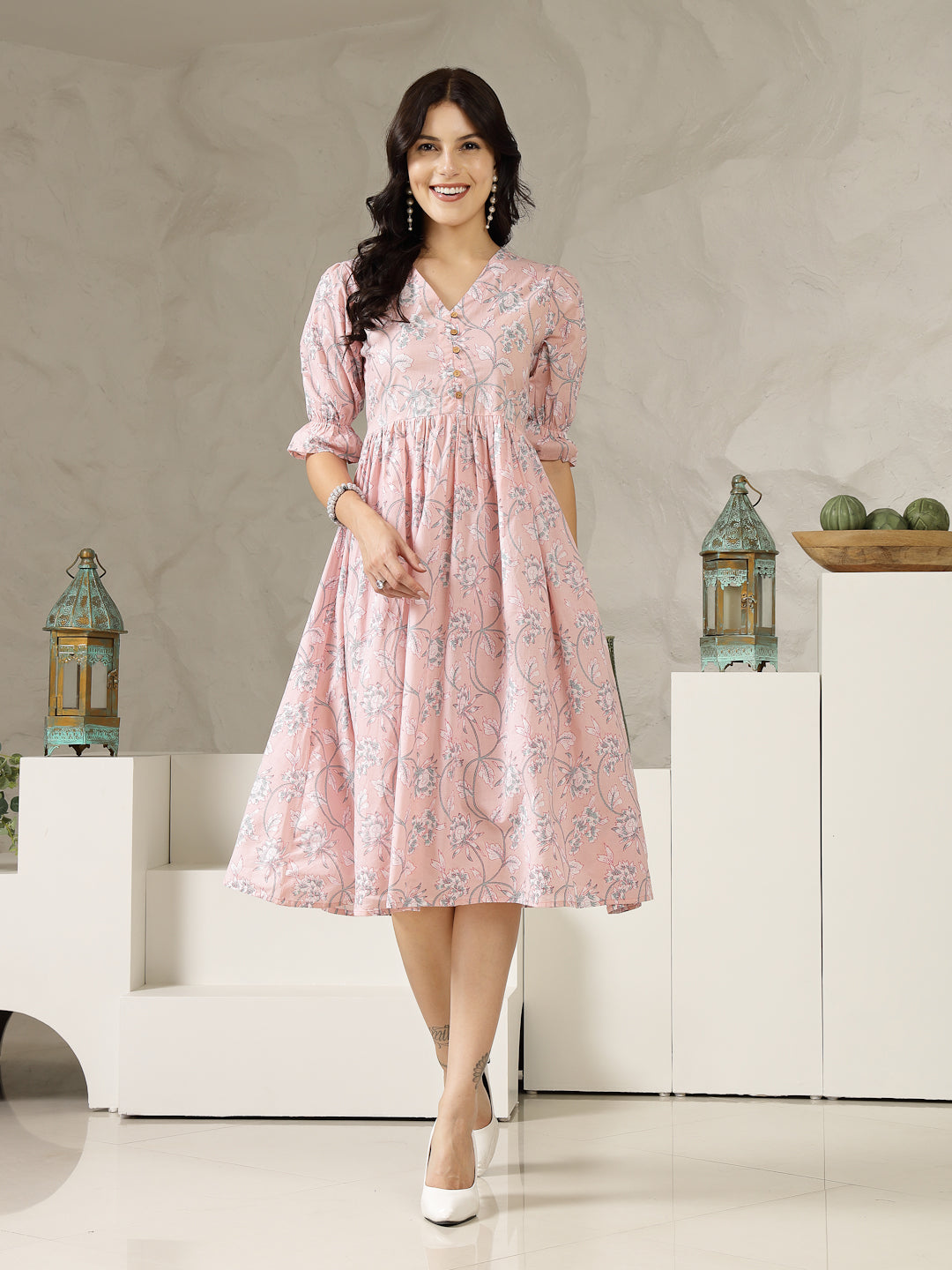 ethnic midi dress Ivory Embroidered Flared Midi Dress with Ethnic Motifs-P1400IVORY_ON Ivory / XL