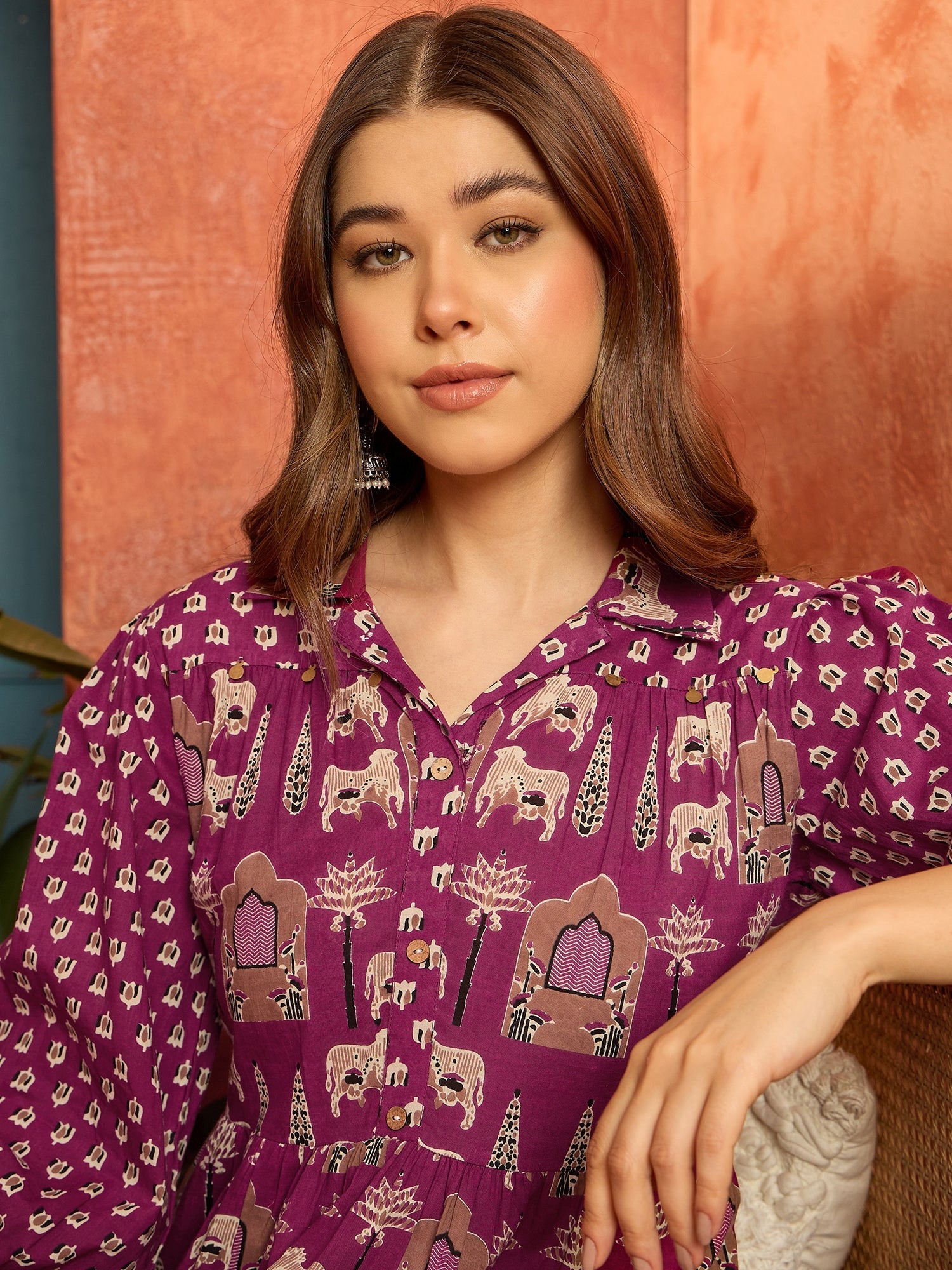 Women's Pink Ethnic Printed Cotton Flared Dress