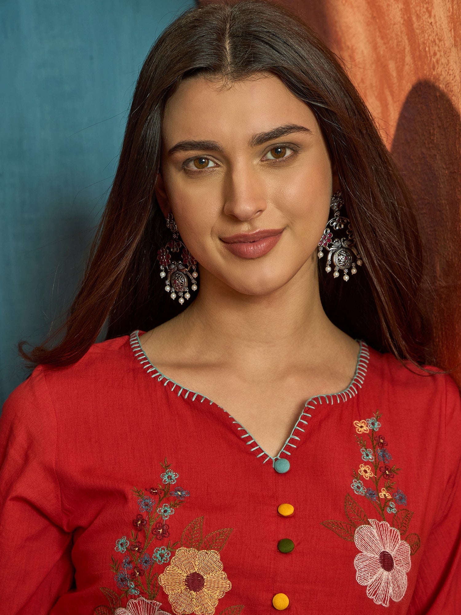 Women's Red Solid & Embroidered Cotton Tiered Dress
