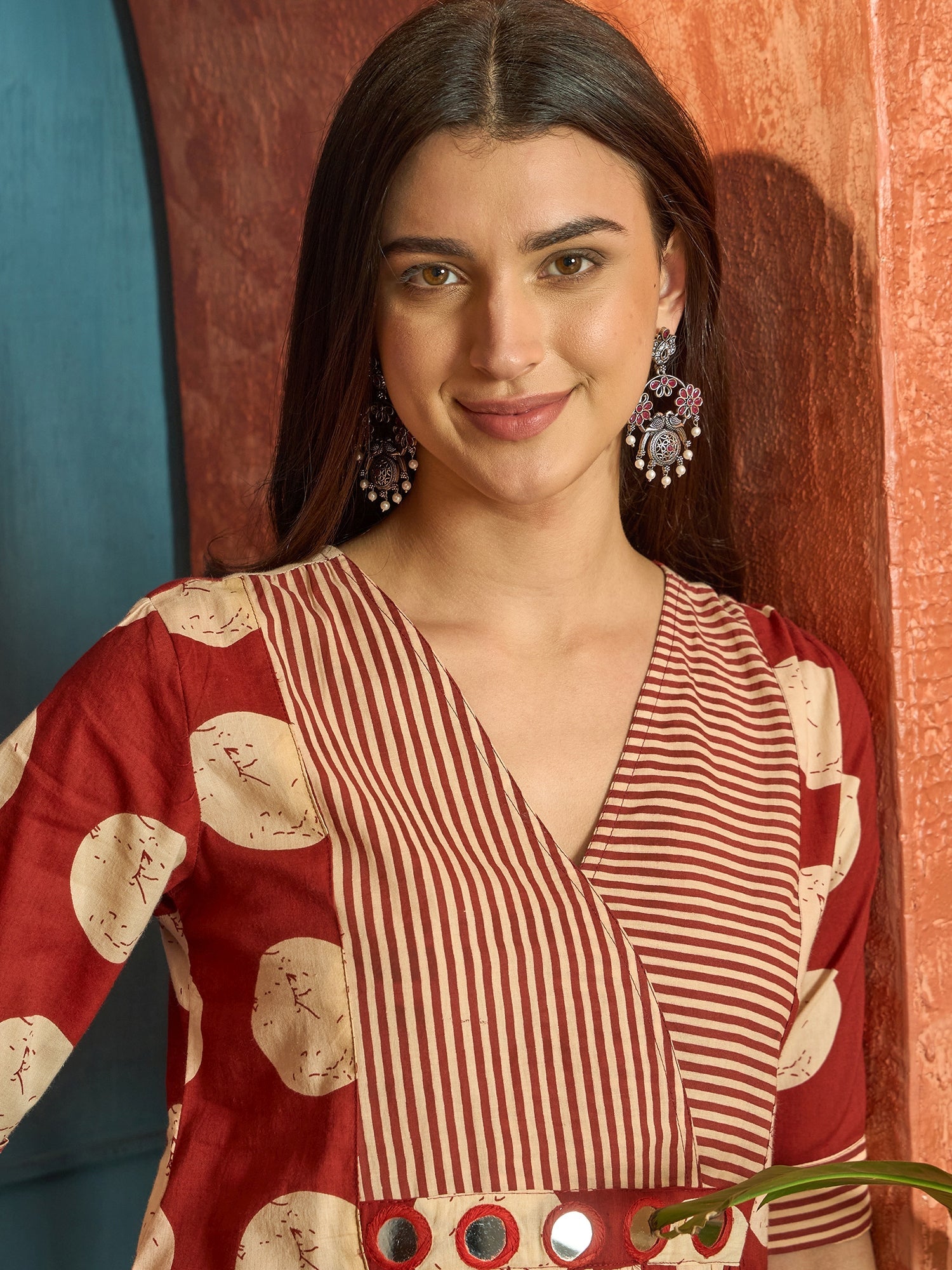 Women's Rust Block Printed Cotton Flared Dress