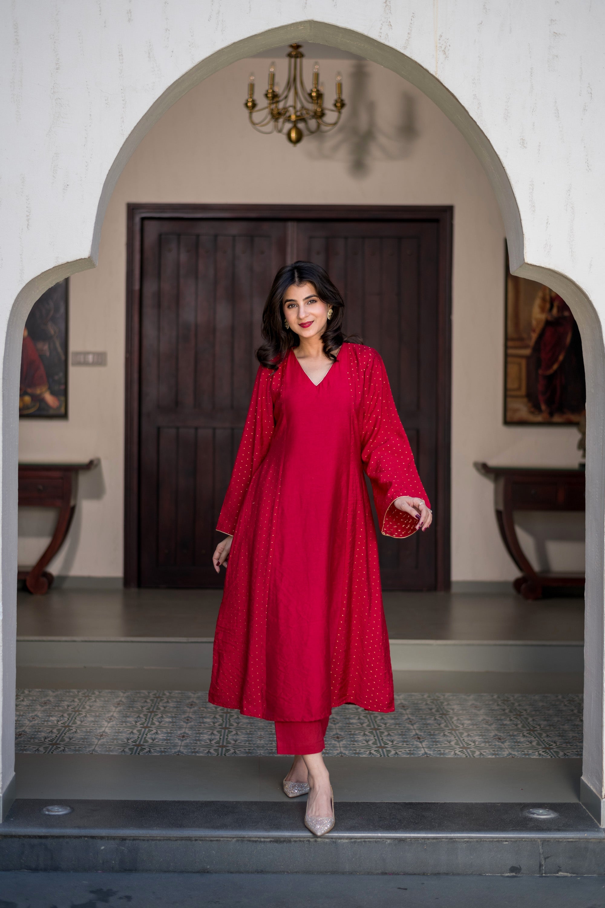 Women's Red And Gold Chanderi Kurta Set