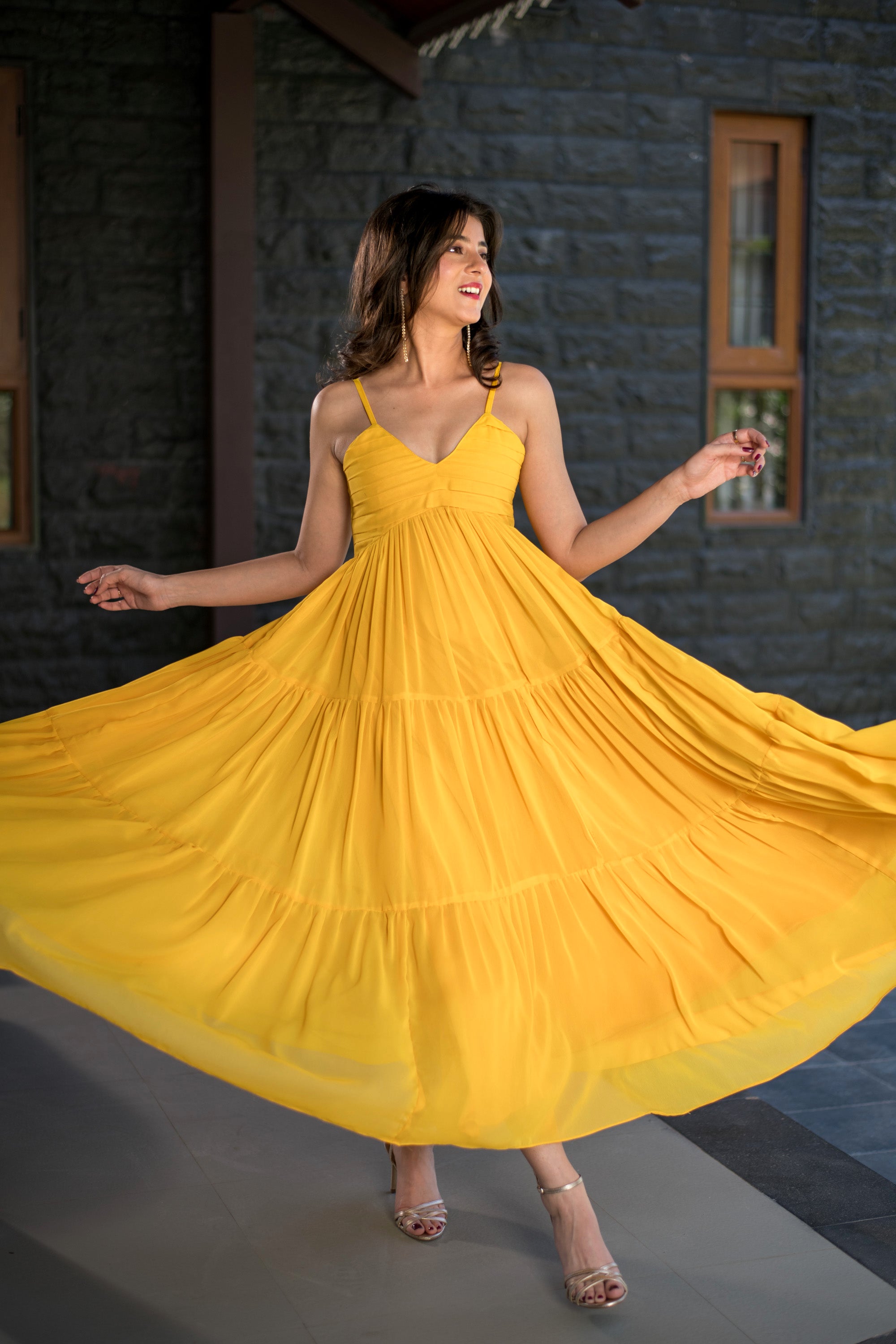 Mustard Tie Up Georgette Maxi Dress XS