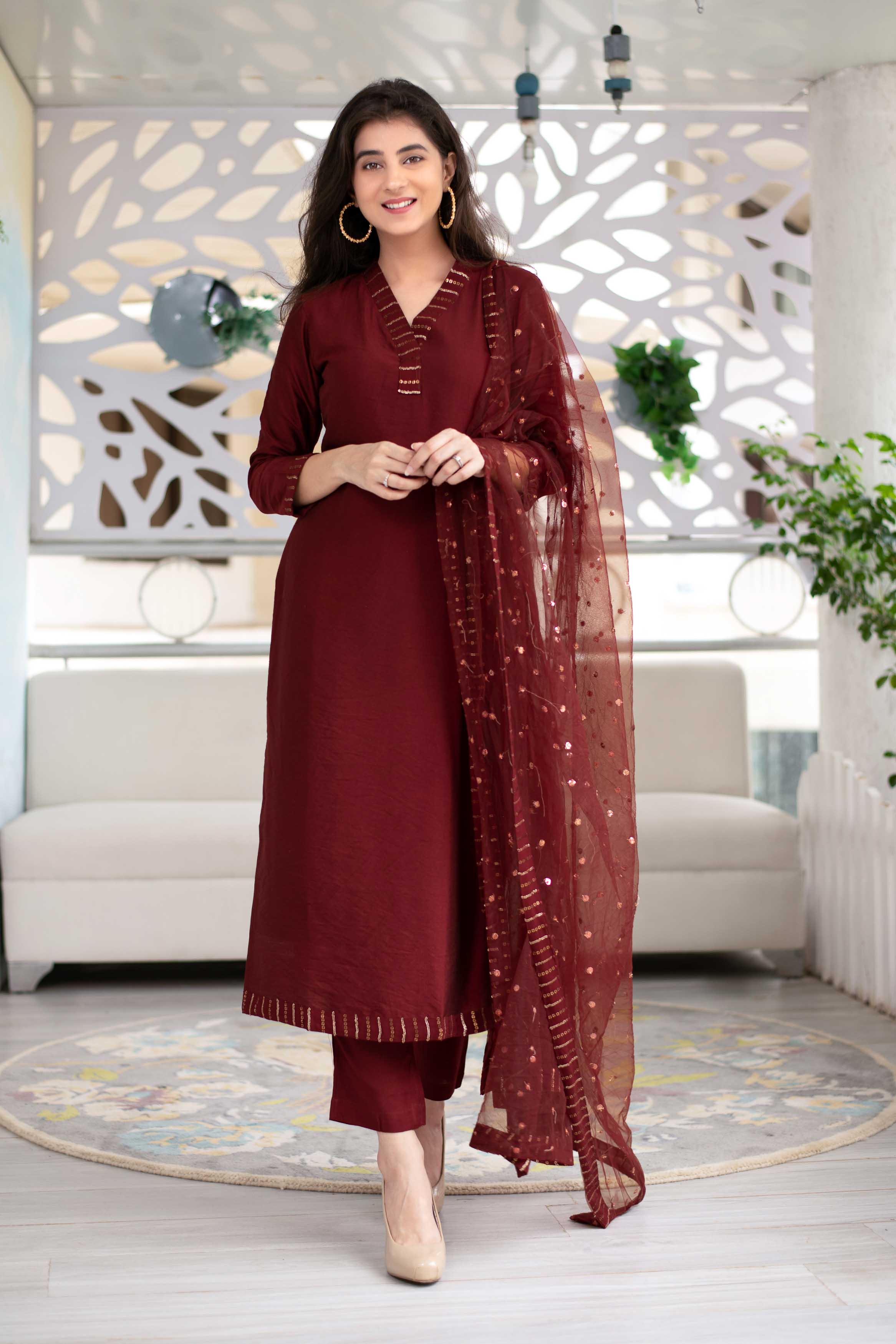 Women's Embellished Maroon Kurta Set (3 Pc Set)