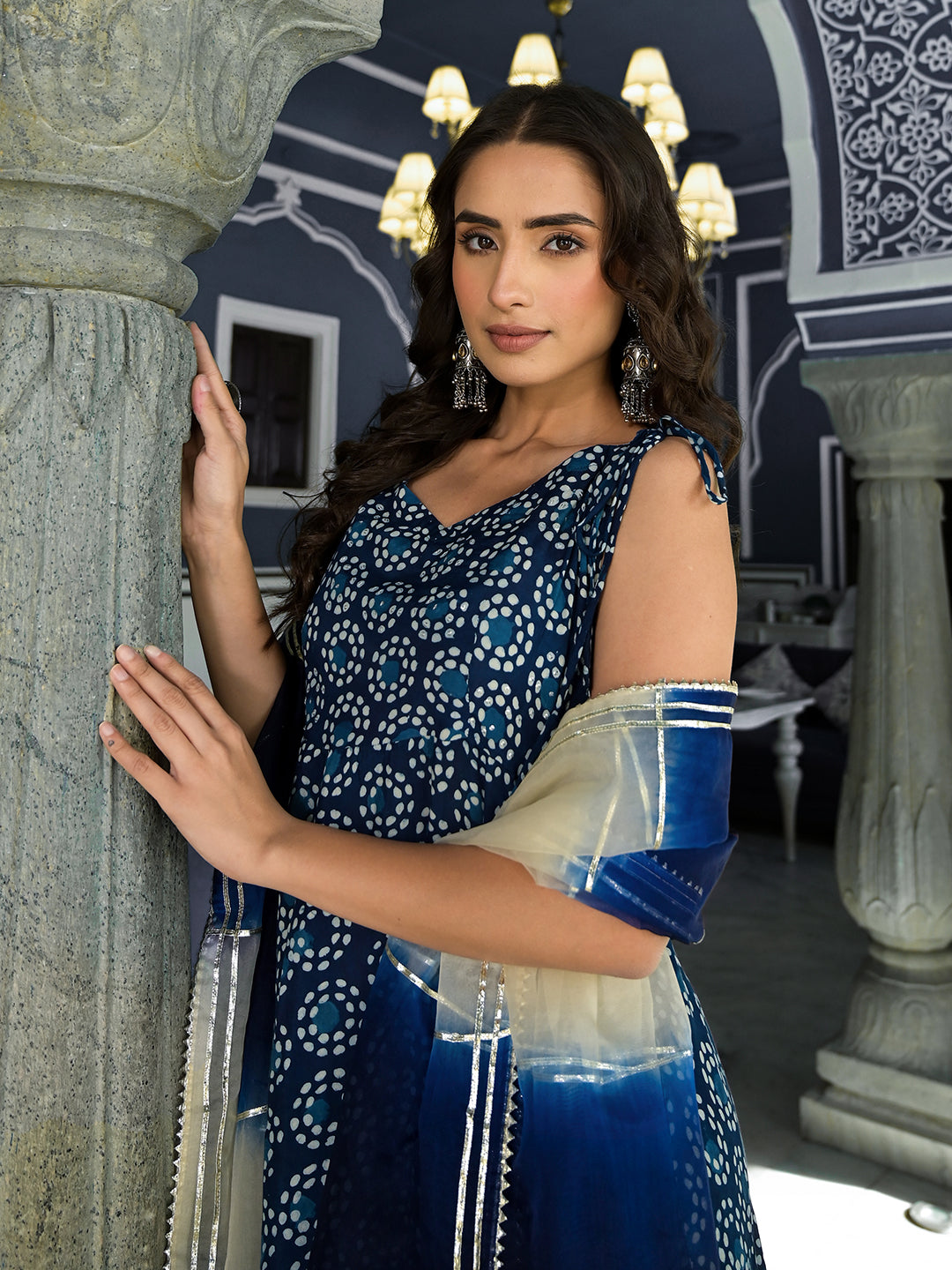 Women's Blue Printed Anarkali Muslin Shoulder Stripe Kurta Trouser with Dupatta Set