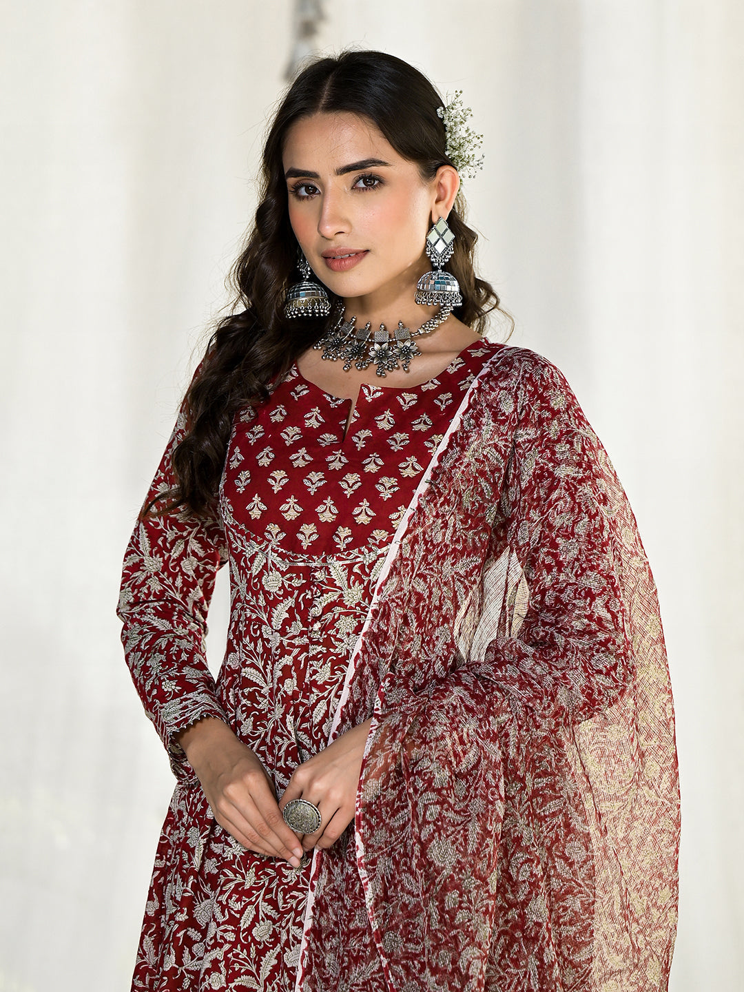 Women's Maroon Floral Printed Anarkali Cotton Kurta Trouser with Dupatta Set